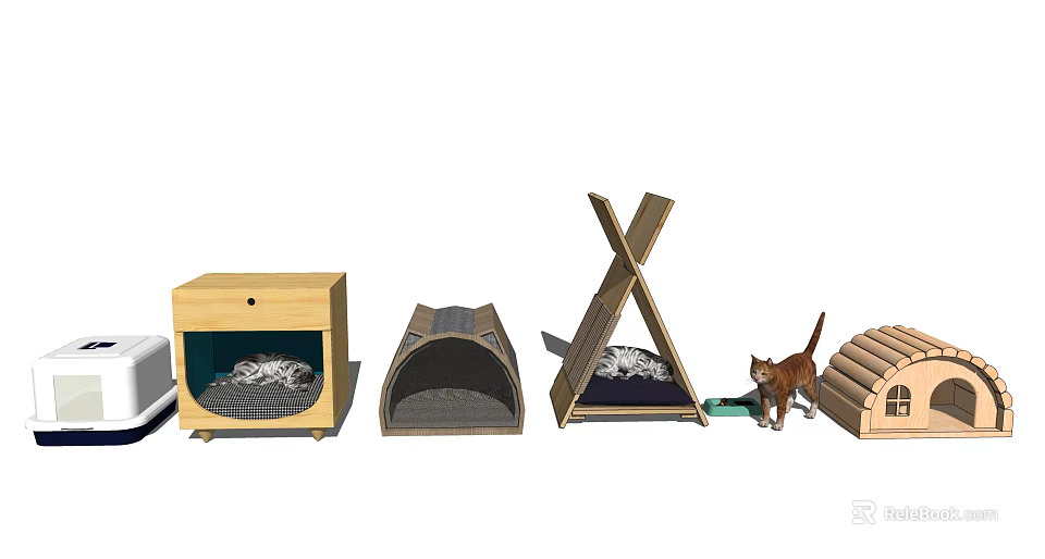 Different Types of Wooden and Tent Shaped Cat Beds with Cat Nearby Pet Supplies 3d model 