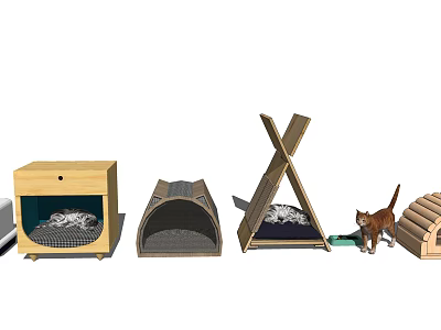 Different Types of Wooden and Tent Shaped Cat Beds with Cat Nearby Pet Supplies 3d model