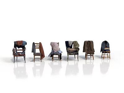 Six Chairs With Different Clothes Arranged On Simple White Background 3d model