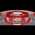 Red Themed Circular Exhibition Booth With Display Panels And Information Stands