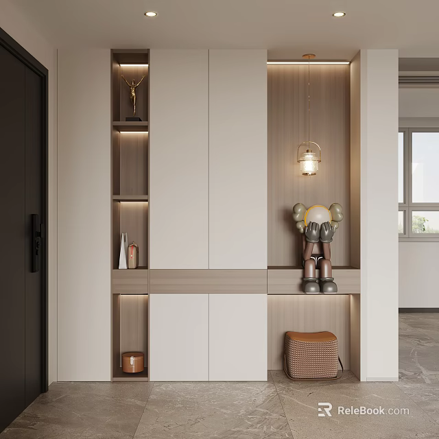 Modern Shoe Cabinet Interior Design With Built in Storage LED Lighting And Decorative Bench 3d model 