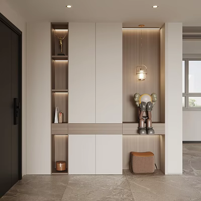 Modern Shoe Cabinet Interior Design With Built in Storage LED Lighting And Decorative Bench 3d model