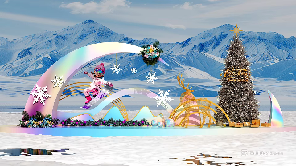 Scenic Photo Spot Featuring Skier Figure Snowy Mountains Rainbow Snowflakes And Christmas Tree 3d model 