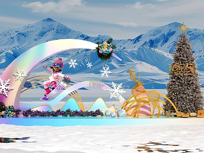 Scenic Photo Spot Featuring Skier Figure Snowy Mountains Rainbow Snowflakes And Christmas Tree 3d model