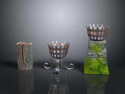 Decorative Metal Grid Holders With Wooden Stump Moss Pedestal And Curved Stand Bases 3d model