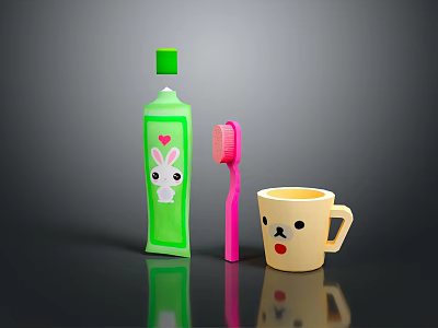 Cute Daily Necessities Set With Green Rabbit Toothpaste Pink Toothbrush And Yellow Smiley Mug 3d model