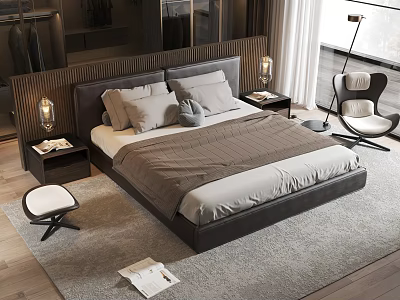 Double Bed With Dark Headboard Neutral Pillows Comforter Bedside Tables Lamps Accent Chair Area Rug 3d model