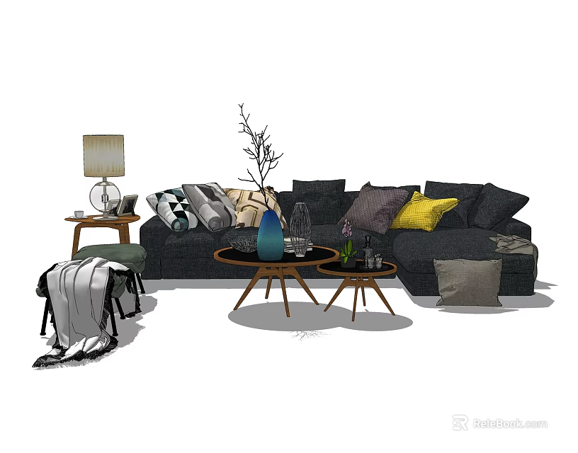 Modern Sofa And Coffee Table Set With Decorative Pillows Lamp And Side Table 3d model