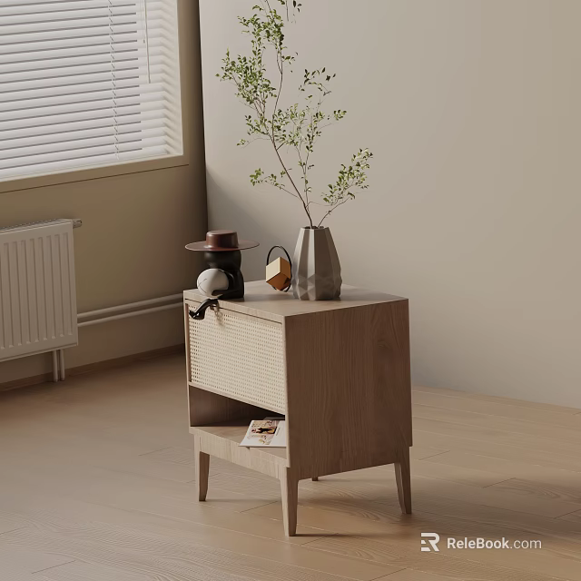 Minimalist Wooden Bedside Table With Woven Drawer Vase Plants Hat Cup And Magazine 3d model 