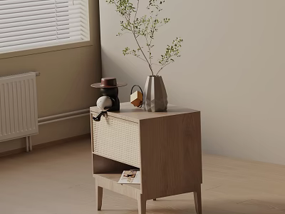 Minimalist Wooden Bedside Table With Woven Drawer Vase Plants Hat Cup And Magazine 3d model