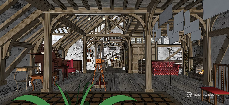 Vintage Loft Interior With Wooden Beams Red Sofa And Green Plants 3d model 