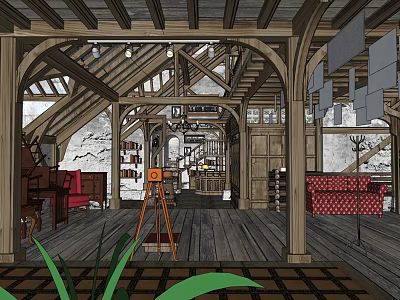Vintage Loft Interior With Wooden Beams Red Sofa And Green Plants 3d model