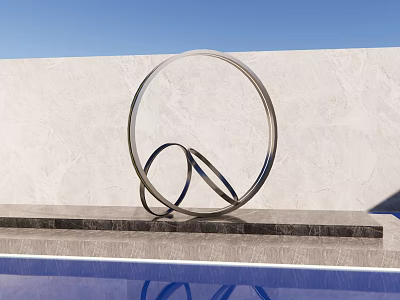 Landscape Sculpture With Metal Circular Ring Structure On Black Base By White Wall And Poolside 3d model
