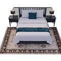 Double Bed with Blue Pillow Throw and Patterned Rug Plus Nightstands and Table Lamps 3d model