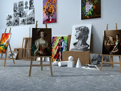 Figure Paintings On Easels With Bust Sculpture And Plaster Models In Art Studio 3d model