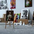 Figure Paintings On Easels With Bust Sculpture And Plaster Models In Art Studio 3d model