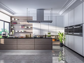 Modern Kitchen Bar Counter Bar Chair Cabinet Faucet Oven Chandelier Vase Ornaments 3d model