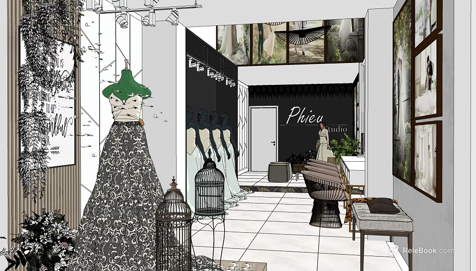 Elegant Bridal Shop Interior With Wedding Dresses On Mannequins Bird Cages And Chairs 3d model 