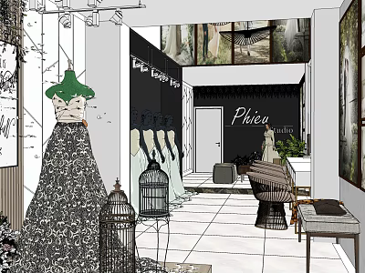 Elegant Bridal Shop Interior With Wedding Dresses On Mannequins Bird Cages And Chairs 3d model