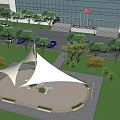 Outdoor Plaza With White Membrane Canopy Modern Building Trees And Red Flag