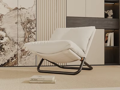 White Accent Chair With Black Metal Frame In Modern Interior With Textured Wall And Bookshelf 3d model