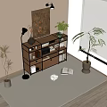 Stylish Bookshelf with Wooden Shelves Near Floor Lamp Decorative Artwork Potted Plant and Window Blinds