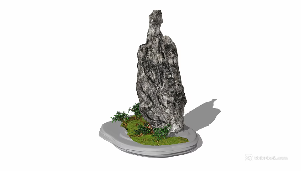 Decorative Stone and Wood Structure with Green Grass and Small Plants on Circular Platform 3d model 