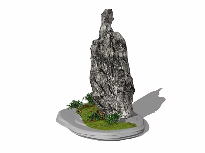 Decorative Stone and Wood Structure with Green Grass and Small Plants on Circular Platform 3d model