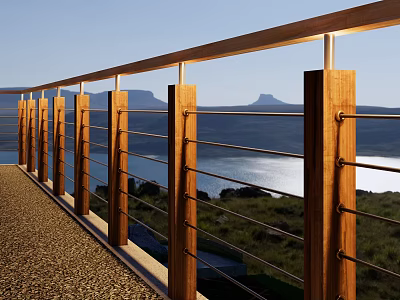 Modern Outdoor Railing With Wooden Posts And Metal Bars For Lakeside Scenic View 3d model