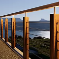 Modern Outdoor Railing With Wooden Posts And Metal Bars For Lakeside Scenic View