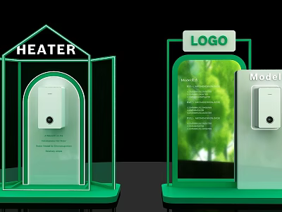 Window Display For Heater Product With Green Frame Base Logo And Model 3d model
