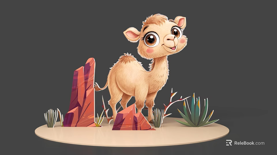 Cute Animated Desert Reptile Lizard Standing Near Rock And Cactus Plants 3d model 