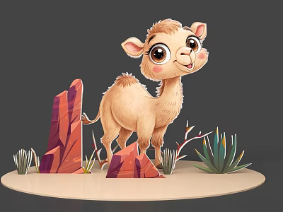 Cute Animated Desert Reptile Lizard Standing Near Rock And Cactus Plants 3d model