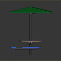 Outdoor Round Table With Green Umbrella And Blue Benches For Patio Seating