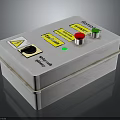 White Electrical Control Panel With Red Green Buttons Yellow Warning Labels Black Knob And Indicator 3d model