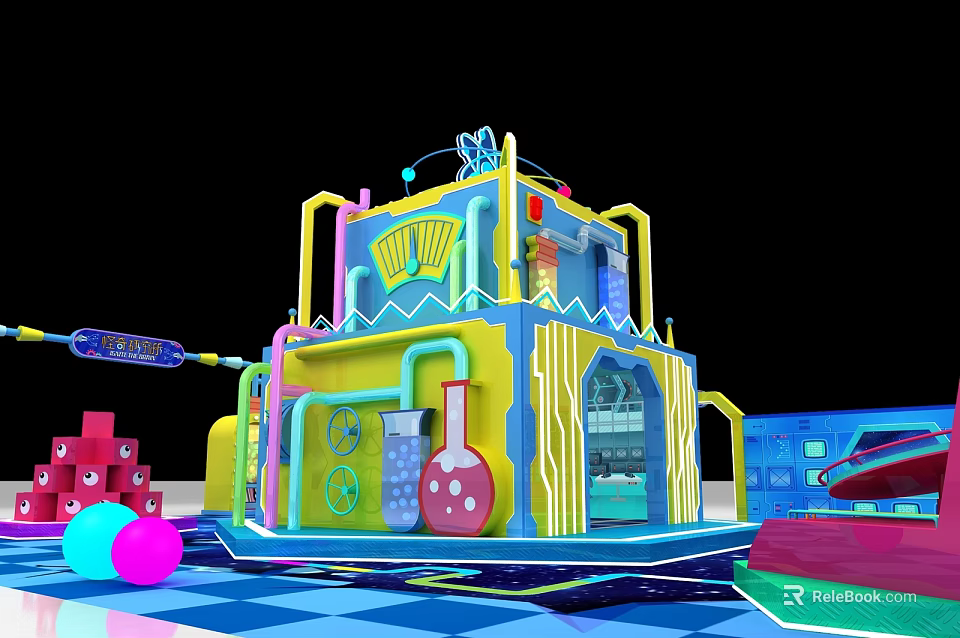 Colorful Interactive Zone With Yellow Main Structure Blue Pipes Science Experiment Elements And Childlike Fun 3d model