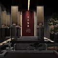 Traditional Art Exhibition Hall With Arched Structure Wooden Shelves Sculptures And Visitor Viewing Artworks