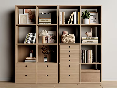 Natural Wood Bookshelf Interior Design With Multiple Compartments Drawers Books And Decorations 3d model
