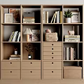 Natural Wood Bookshelf Interior Design With Multiple Compartments Drawers Books And Decorations