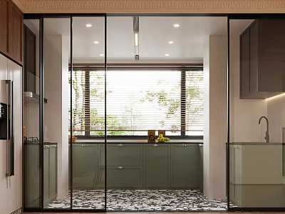 Modern Kitchen Interior With Glass Sliding Doors Green Cabinets Marble Floor And Window Blinds 3d model