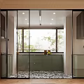 Modern Kitchen Interior With Glass Sliding Doors Green Cabinets Marble Floor And Window Blinds