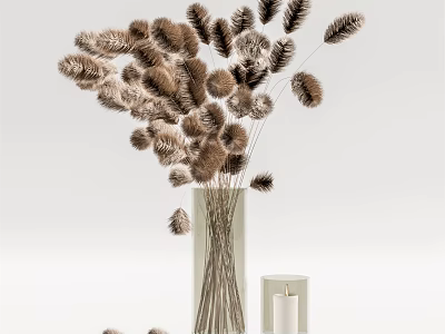 Transparent Glass Vase With Brown Dried Flowers And White Candle Decoration 3d model