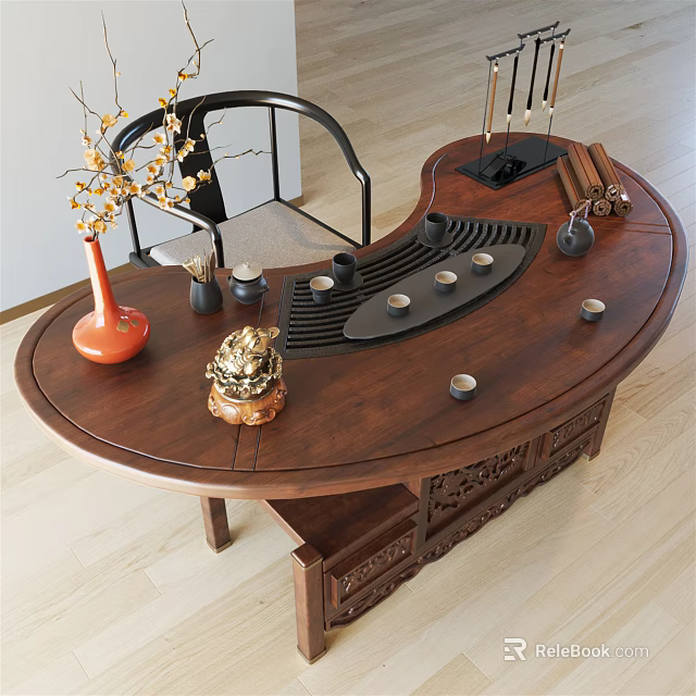 Chinese Style Wooden Carved Curved Tea Table Set with Chair and Tea Vase Decor 3d model 