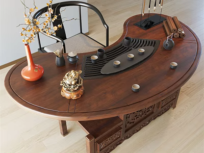 Chinese Style Wooden Carved Curved Tea Table Set with Chair and Tea Vase Decor 3d model