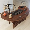 Chinese Style Wooden Carved Curved Tea Table Set with Chair and Tea Vase Decor