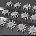 Multiple Round Table And Chair Sets With White Brown Small Chairs On Grey Platform 3d model