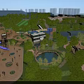 Beautiful Urban Park Landscape With Lush Greenery Walking Paths Playground And Pond
