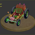 Vintage Car with Orange Barrel Body Red Striped Seat Large Black Wheels on Circular Stand