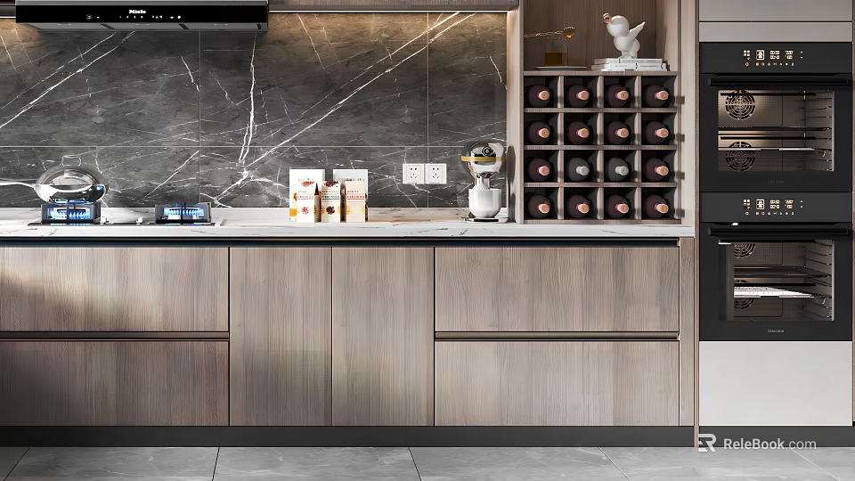 Modern Kitchen With Dark Marble Backsplash Wooden Cabinets Wine Rack And Countertop Appliances 3d model 