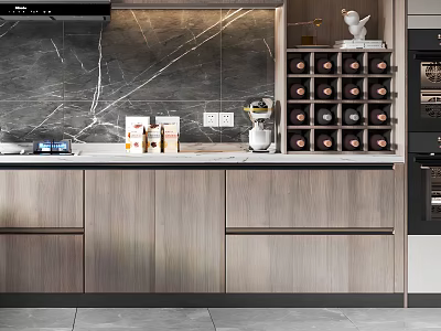 Modern Kitchen With Dark Marble Backsplash Wooden Cabinets Wine Rack And Countertop Appliances 3d model